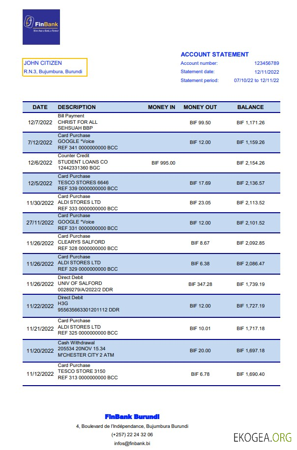 Relevé bancaire de la Finbank du Burundi